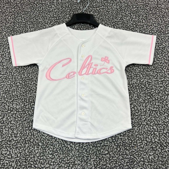 Boston Celtics Jersey Shirt Kids 7‎ White Pink NBA Button Up Short Sleeve New - Picture 1 of 7
